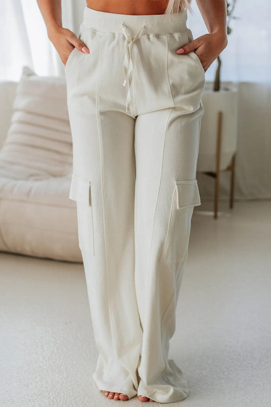 Cream Drawstring High Waist Pants with Pockets